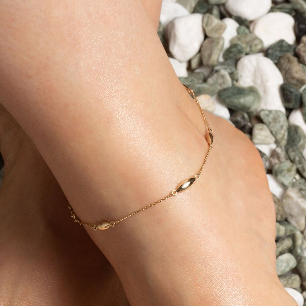 14K Solid Yellow Gold Marquise Shape Link Anklet Adjustable 9"-10"